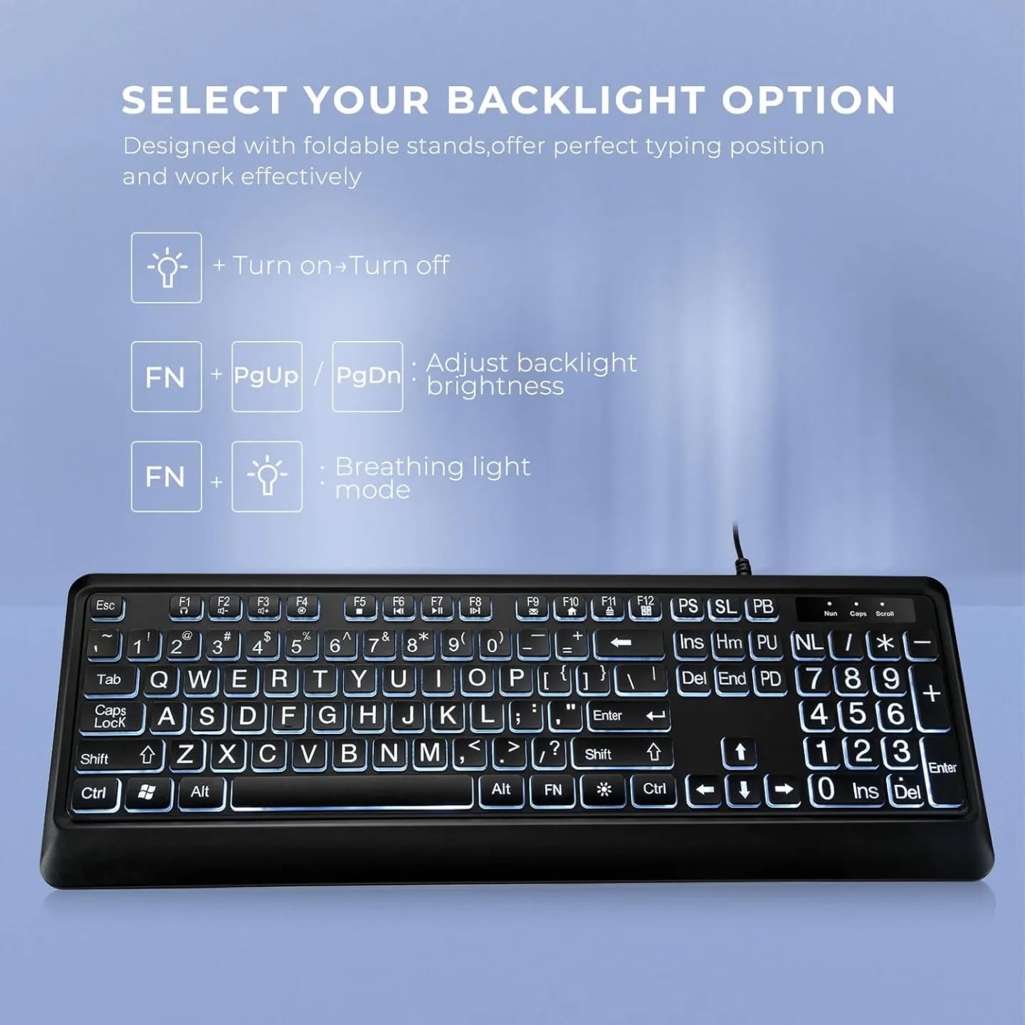 Teclado retroiluminado de impresión grande, teclado de computadora con...