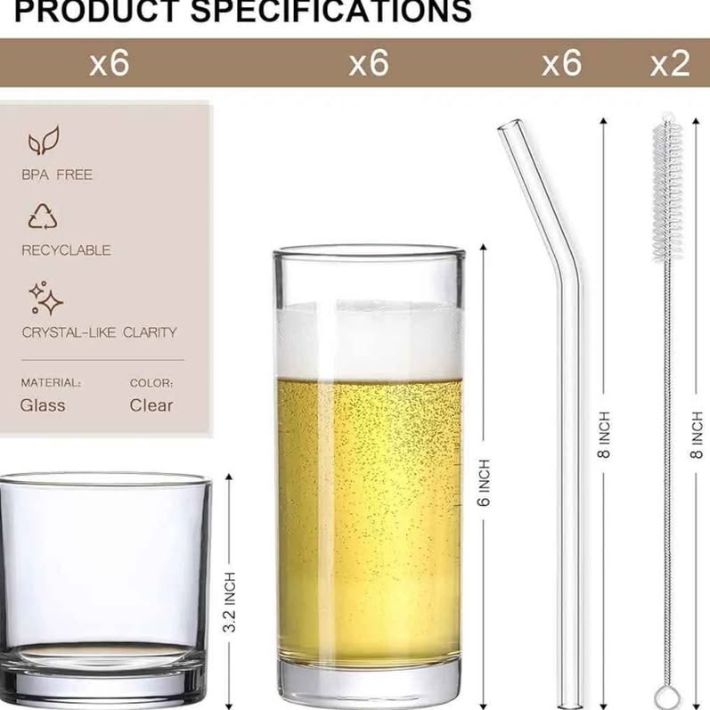 [Paquete de 12] Vasos de vidrio con pajitas de vidrio, vasos de 12 onz...