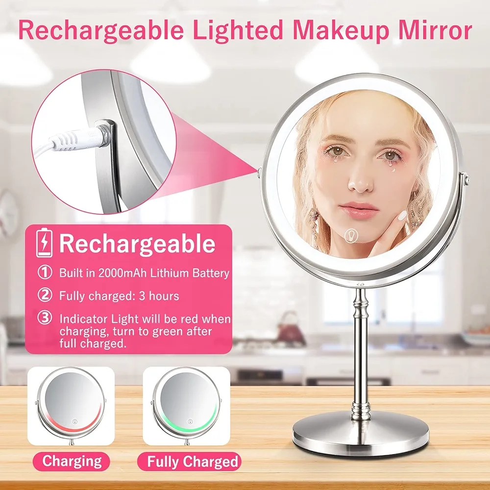 Espejo de maquillaje recargable de 8 pulgadas, 1 espejo de tocador con...