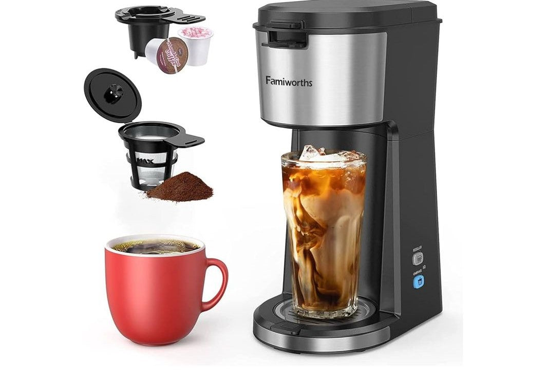 Famiworths Cafetera de una sola porción, cafetera helada y caliente pa...