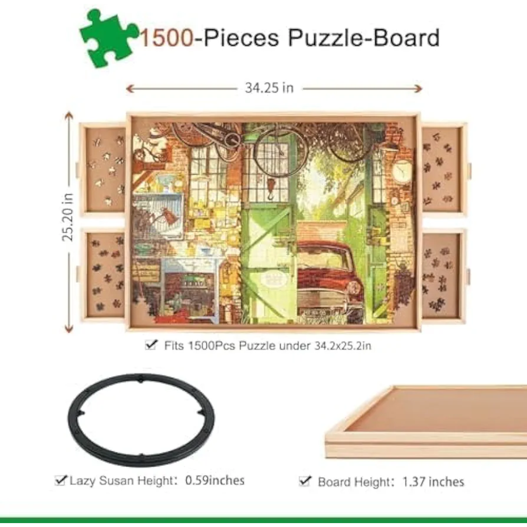 Tablero de rompecabezas giratorio de 1500 piezas con cajones y cubierta de 25 x 34 pulgadas